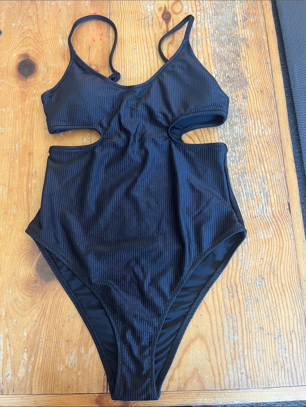 aerie Black Ribbed One-Piece Swimsuit with Side Cutouts